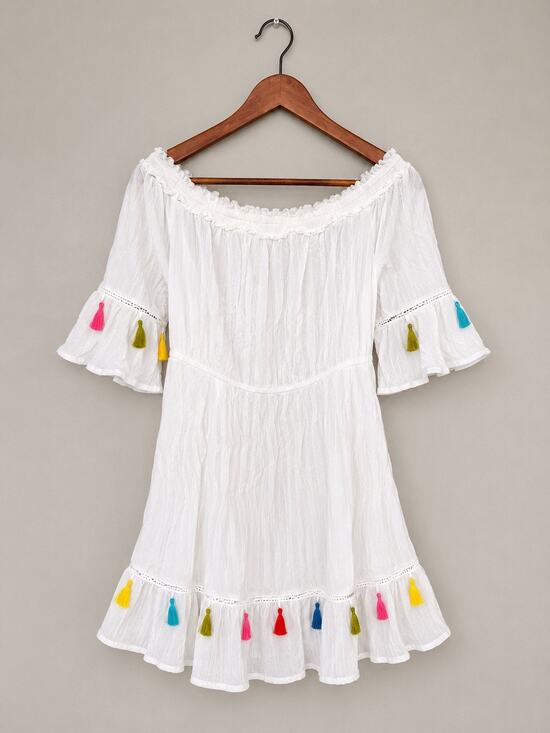 Blush Dresses & Skirts - Cottagecore White Cotton Dress Womens Sz M Ruffles Tassel Boho Prairie Hippie